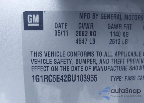 2011 Chevrolet Volt from USA, damaged, VIN 1G1RC6E42BU103955